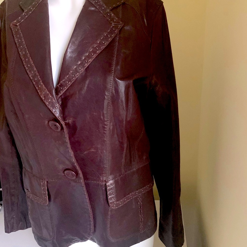 Shiny Real Lamb Leather Blazer jacket burgundy brown two Buttons studs pockets